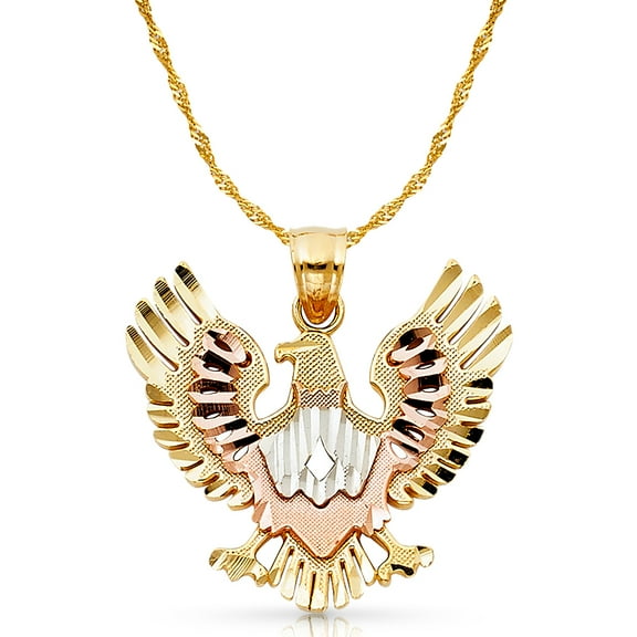 14K Tri Color Gold Eagle Charm Pendant with 1.5mm Singapore Chain Necklace