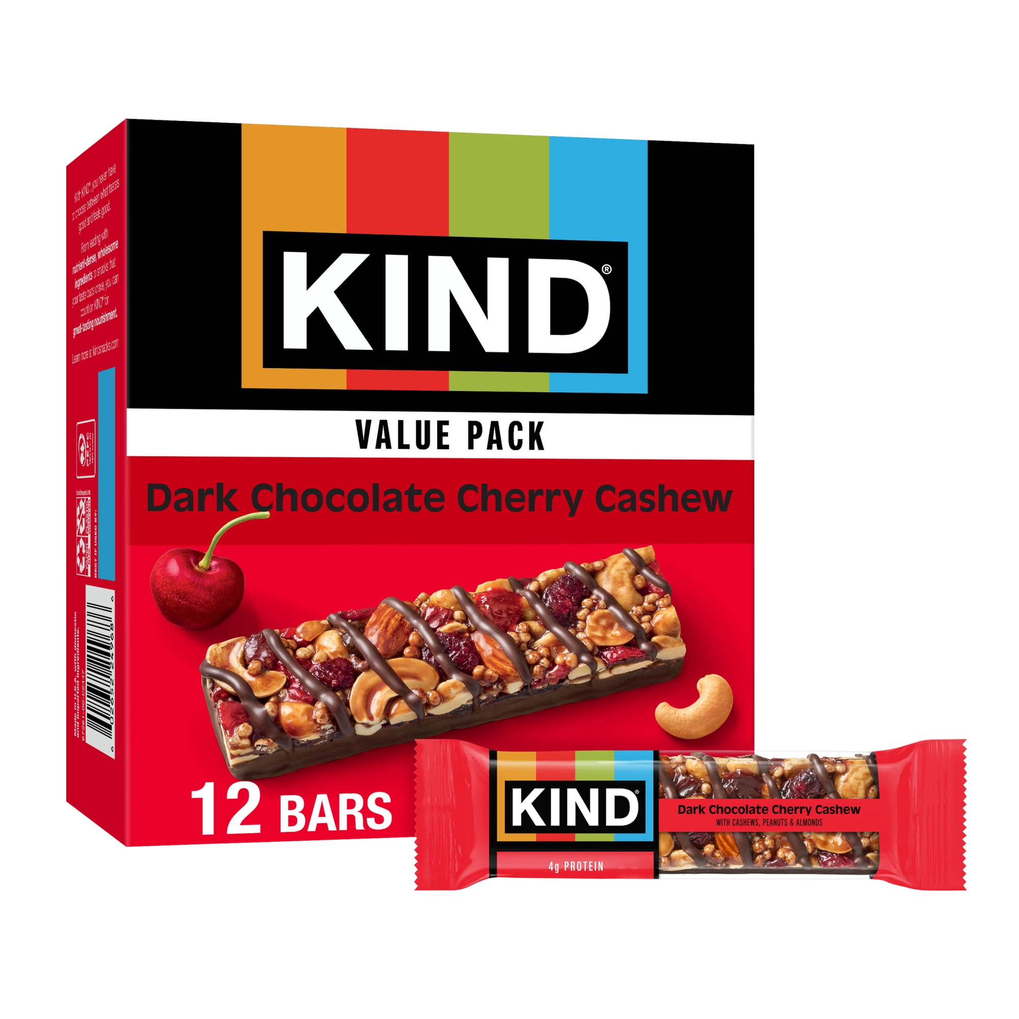 KIND Snack Bars, Dark Chocolate Cherry Cashew, Gluten Free, Low Sodium, 1.4oz, 12 Count