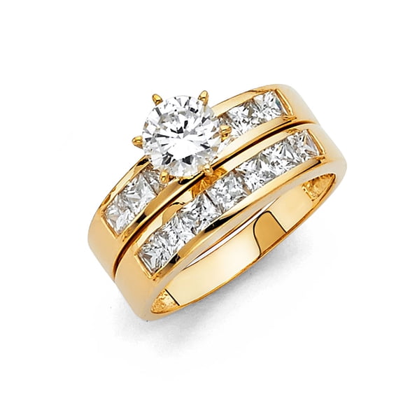 Wellingsale Ladies Solid 14k Yellow Gold Polished CZ Cubic Zirconia Round Cut Engagement Ring with Side Stones and Wedding Band Bridal Set - Size 4