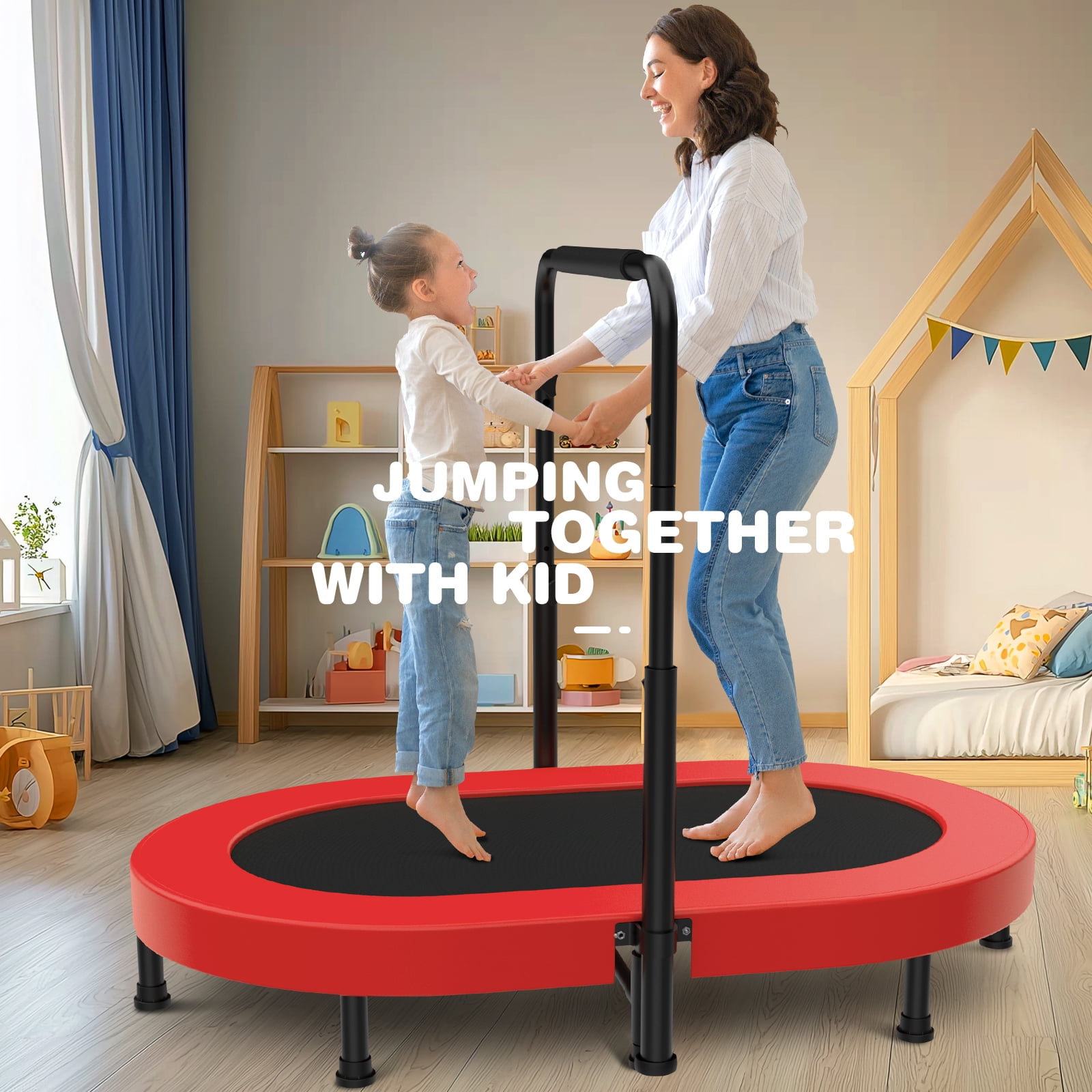Foldable Mini Trampoline with Adjustable Handle, Parent-Child Rebounder Trampoline Max 220lbs for Kids & Family Exercise