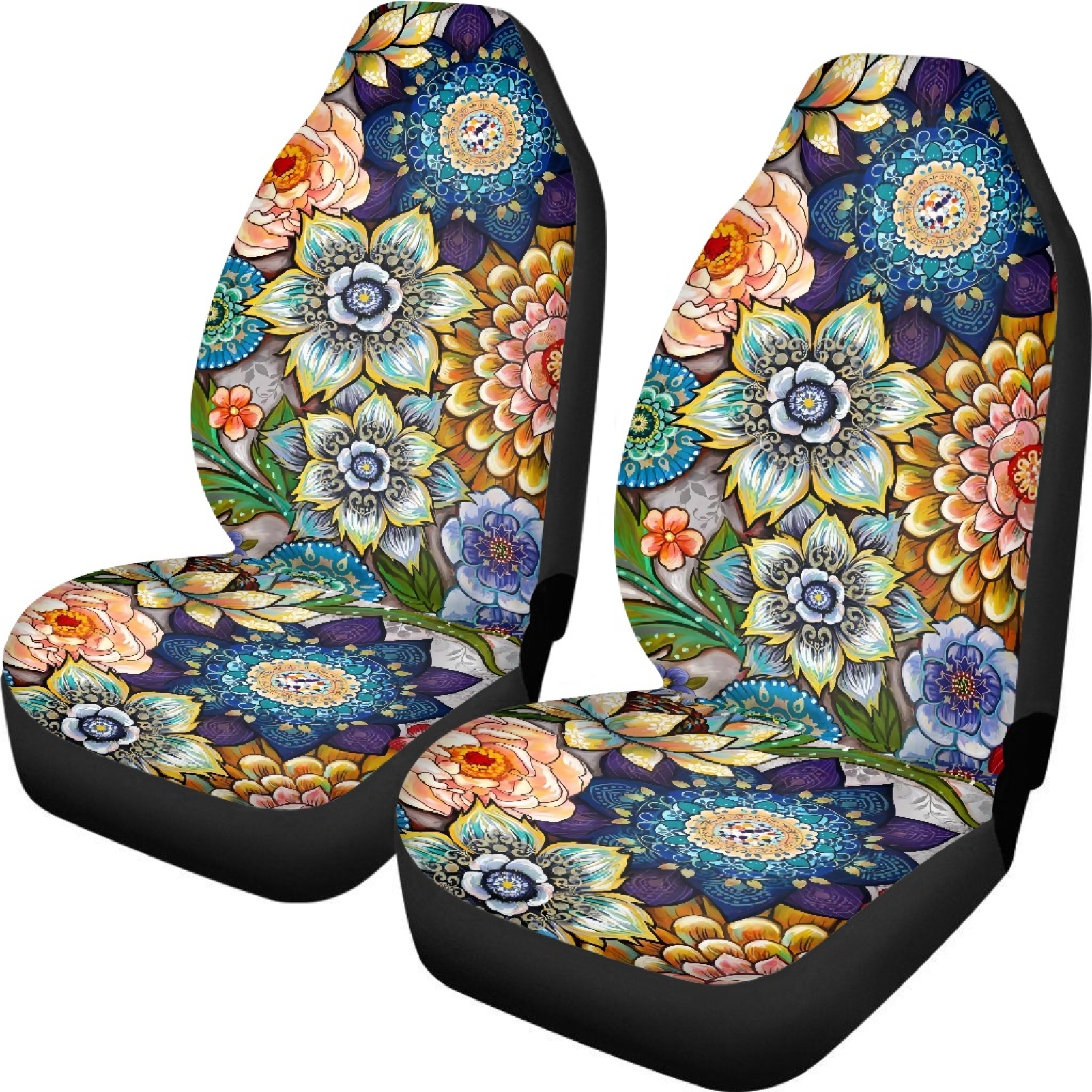 Xoenoiee Boho Mandala Flowers Pattern 2 Piece Car Seat Cover for Women Men, Breathable Car Seat Covers Universal Fit Soft Auto Bucket Seat Protector Seat Covers