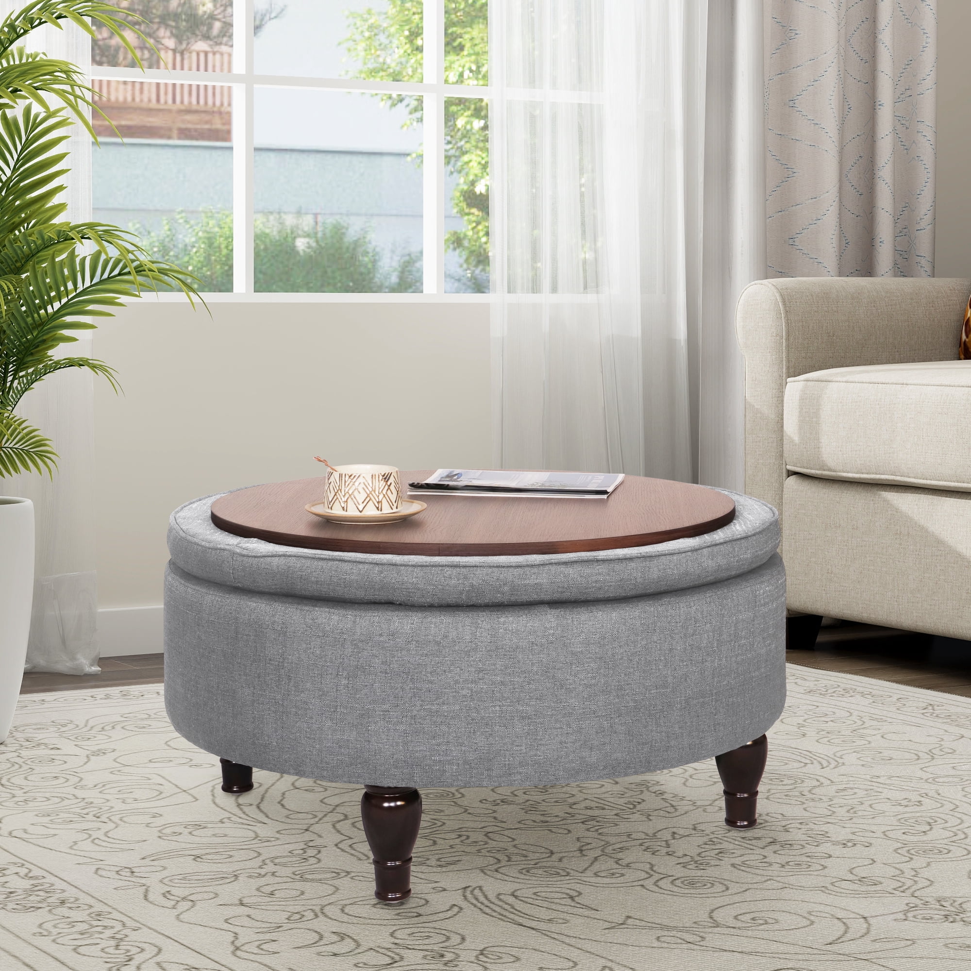 Abble 32" Gray Fabric Tufted Round Storage Cocktail Ottoman