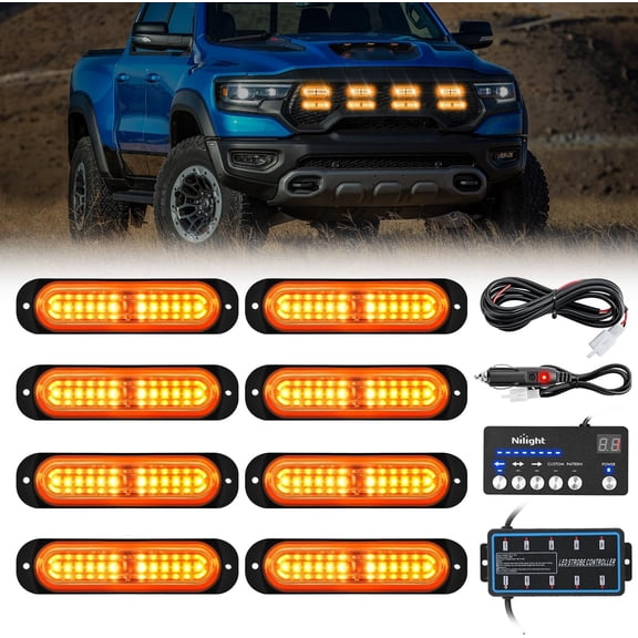 Nilight 8PCS Led Strobe Lights with Controller 12V 24V Sync Feature Amber Strobe Light 12 LED Surface MountWarning Lights with Strobe Controller for Vehicle Car Truck RV ATV