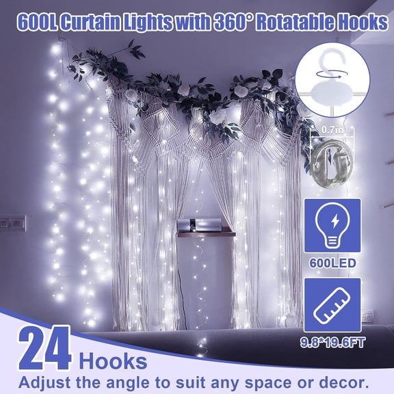 PYYAN-600LED White Curtain Lights for Bedroom, 19.6ft x 9.8ft Fairy Curtain String Light with 24 Hooks, 8 Modes Hanging Lights for Wedding, Party, Backdrop, Window, Xmas Decor