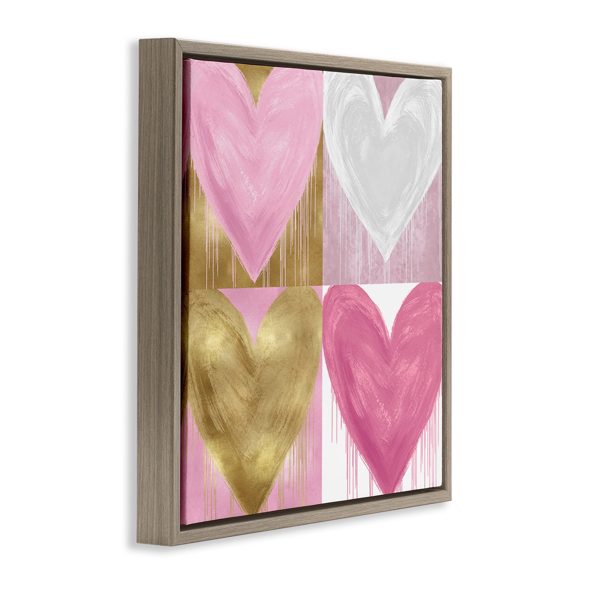 Stupell Industries Pink & Gold Glam Hearts Art for Kids Painting Brown Floater Framed Canvas Art Print Wall Art, 25 x 25