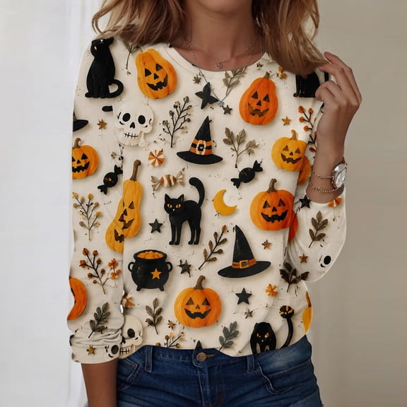 IYYVV Womens Halloween Shirts Long Sleeve Crewneck Casual Dressy Tops Funny Ghost Pumpkin Graphic Halloween Fall Fashion Top Beige 3XL