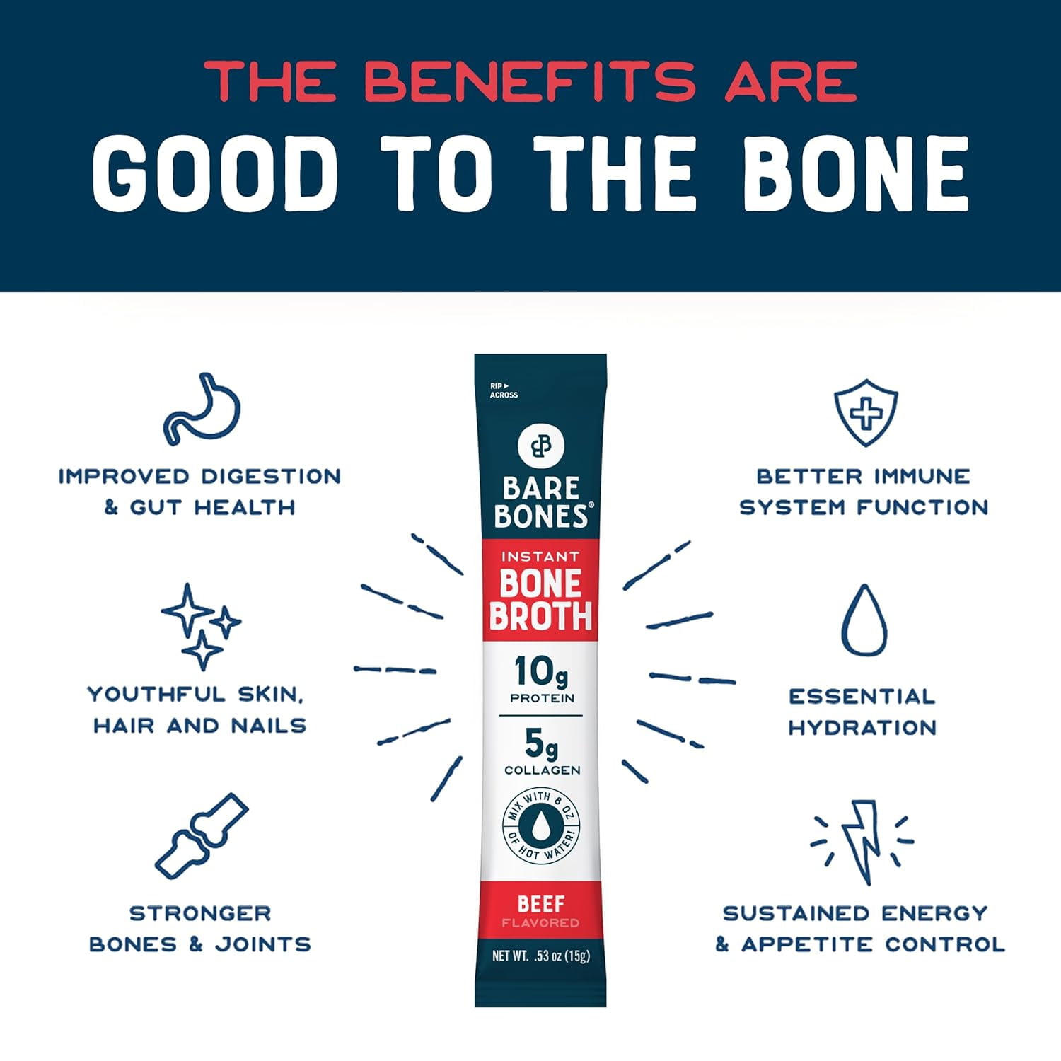 Bare Bones Beef Bone Broth Instant Powdered Mix | Rich Savory Packets on-the-Go No Artificial Flavors | 100% Grass Fed Keto & Paleo Friendly | 10g Protein | 16 Pack