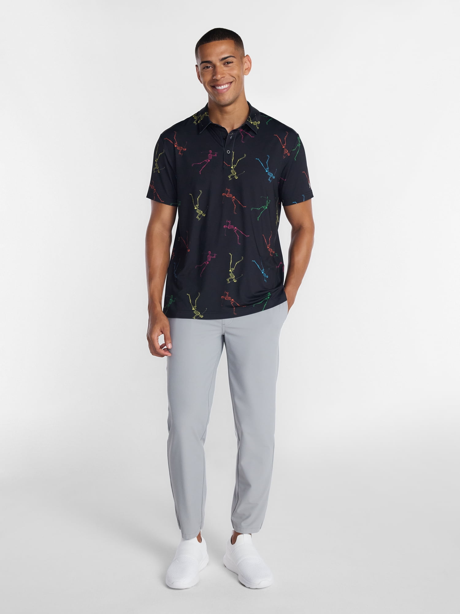 Birdie Bound Halloween Spooky Skeleton Print Golf Polo Shirt, Men's Sizes S-4XLT