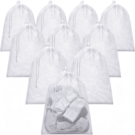 10PCS Handy Laundry Mesh Laundry Bag, 12" x16 "Machine Washable, Secure Drawstring Closure, Durable Mesh for Delicates, Travel, College Dorm, Storage, White