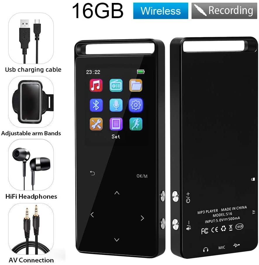 16 GB MP3 Player with Bluetooth 4.2,Support up to 128GB Voice Recorder Touch Button with Screen HiFi Lossless Sound Music Player with FM Radio JmeGe S16 MP3 Player 