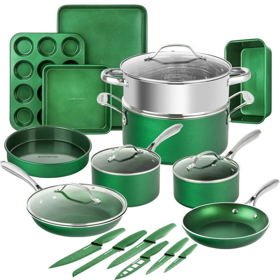 Granitestone 21 Pc Kitchen Pots and Pans Set Non Stick, Kitchen Cookware Sets, Pot and Pan Set, Nonstick Cookware Set, Diamond Coated Non Stick Pots and Pan Set, Dishwasher Safe - Green