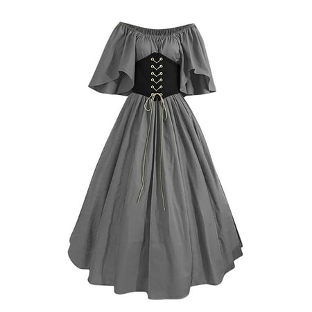 Puntoco Plus Size Summer Clearance Women s Dress Flare Sleeve off Shoulder Medieval Vintage Dresses with Corset Patchwork Ball Gown Gray 4(S)