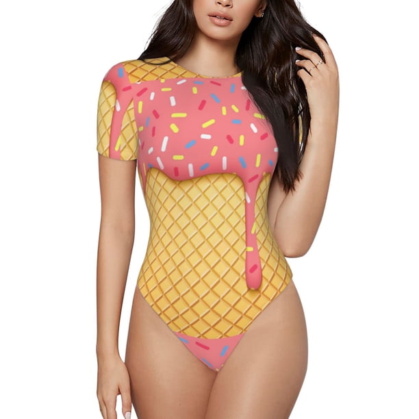 Balery Pink Ice Cream Body de cuello redondo de manga corta para mujer Tops de manga corta Tops básicos-X-Large