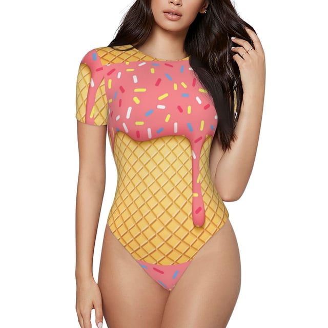 Balery Pink Ice Cream Body de cuello redondo de manga corta para mujer Tops de manga corta Tops básicos-X-Large