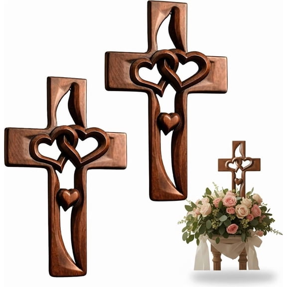 2PCS WidenToey Intertwined Hearts Wooden Cross, Hand-Carved Wall Cross Decor with Heart Cutout, Christian Gift for Valentine's Day, Wedding, Couples, Home(x)