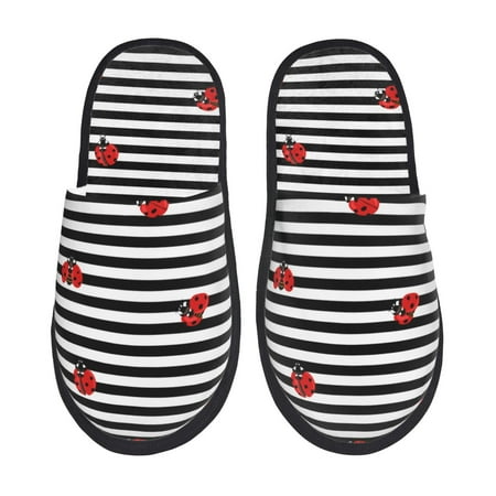 

Honeii Ladybugs on Black and White Striped print Slippers Memory Foam House Bedroom Slippers for Women and Men Fuzzy Plush Comfy Faux Fur Lined Slide Shoes-Medium