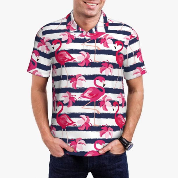 Fotbe Flamingos Camiseta Polo de Golf para Hombre con Estampado – Camisa Deportiva Transpirable con Cuello Abotonado-Small