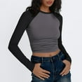 thumbnail image 3 of Women's Long Sleeve Slim Fit Stretchy Color Block Cropped T-Shirt Casual Comfortable Fashion Top, 3 of 6