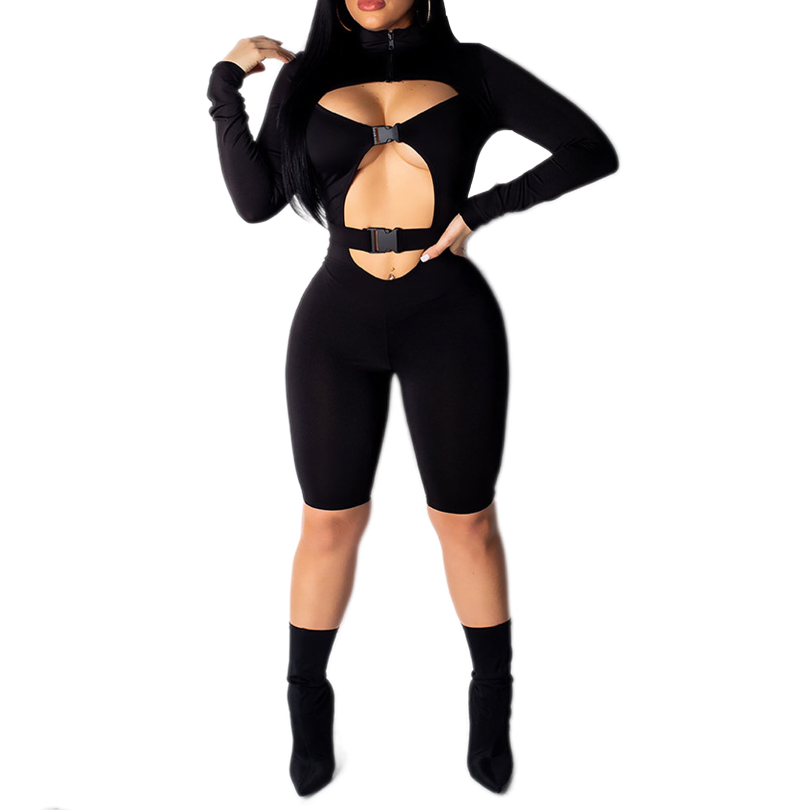 GAGA Women Fashion One Piece Outfits Front Zipper Bodycon Romper Shorts Jumpsuit Pants