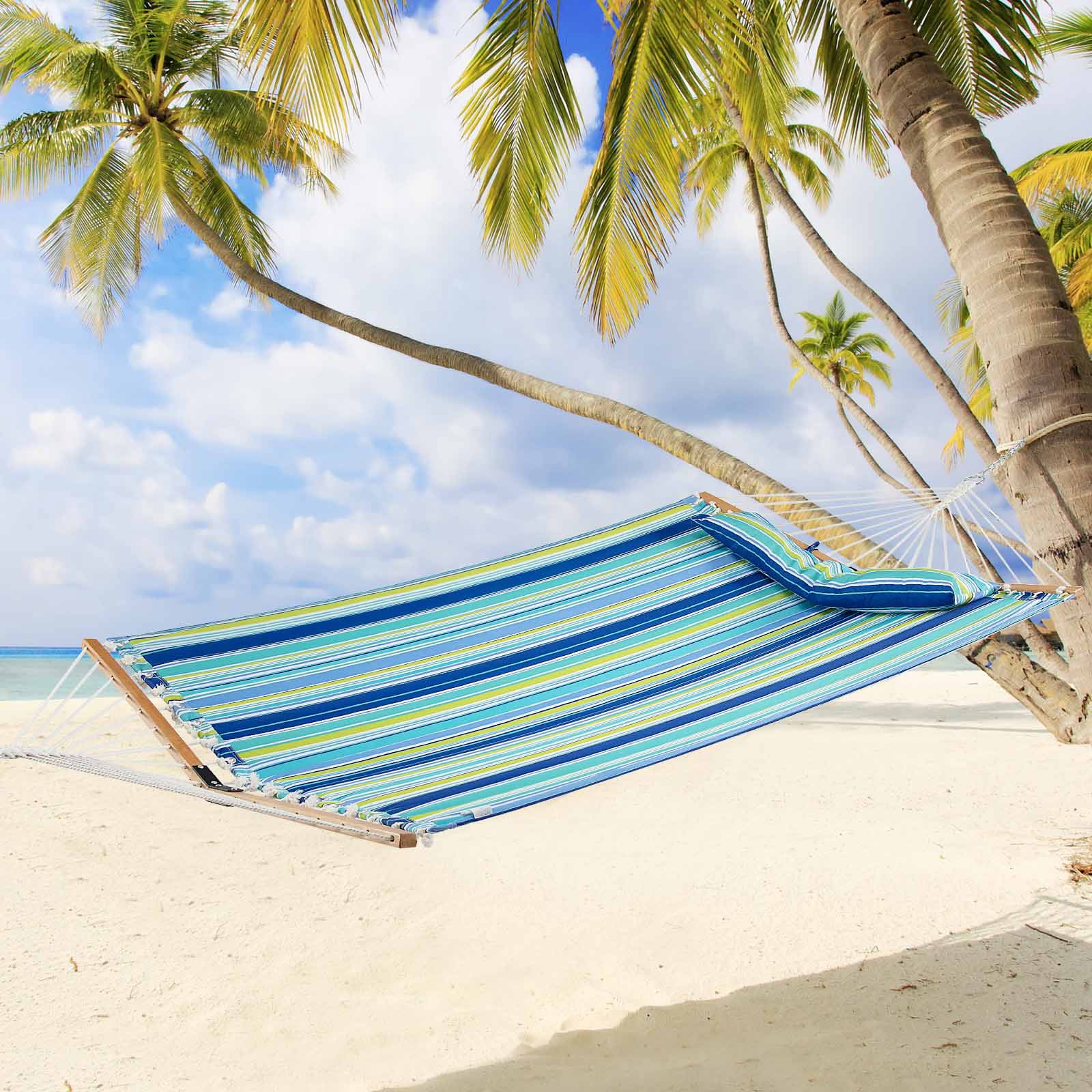 Patiojoy Portable Hammock W/ Spreader Bars & Detachable Pillow Quick Dry & Water Proof Material Hand Woven Cotton Rope Blue + Green