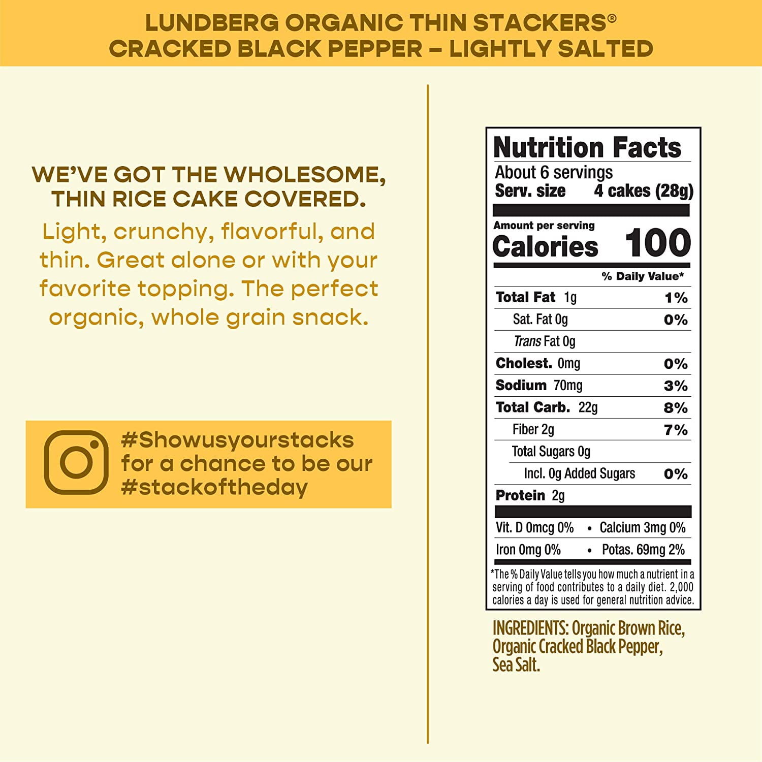 Lundberg, Organic Thin Stackers, Puffed Grain Cakes, Cracked Black Pepper, Lightly Salted, 24 Rice Cakes, 6 oz Pack of 3