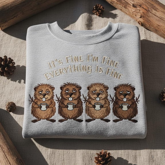 It's Fine I'm Fine embroidered hoodie, Funny Beaver Meme Crewneck, Cute Coffee Lover Sweater, Everything Is Fine Relatable Gift