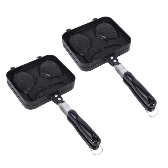 2X Taiyaki Double Fish Shaped Hot Dessert Waffle Cake Maker Pan Japanese Pancake Double Pan Fry Pan,2 x Waffle Cake Maker Mold,black