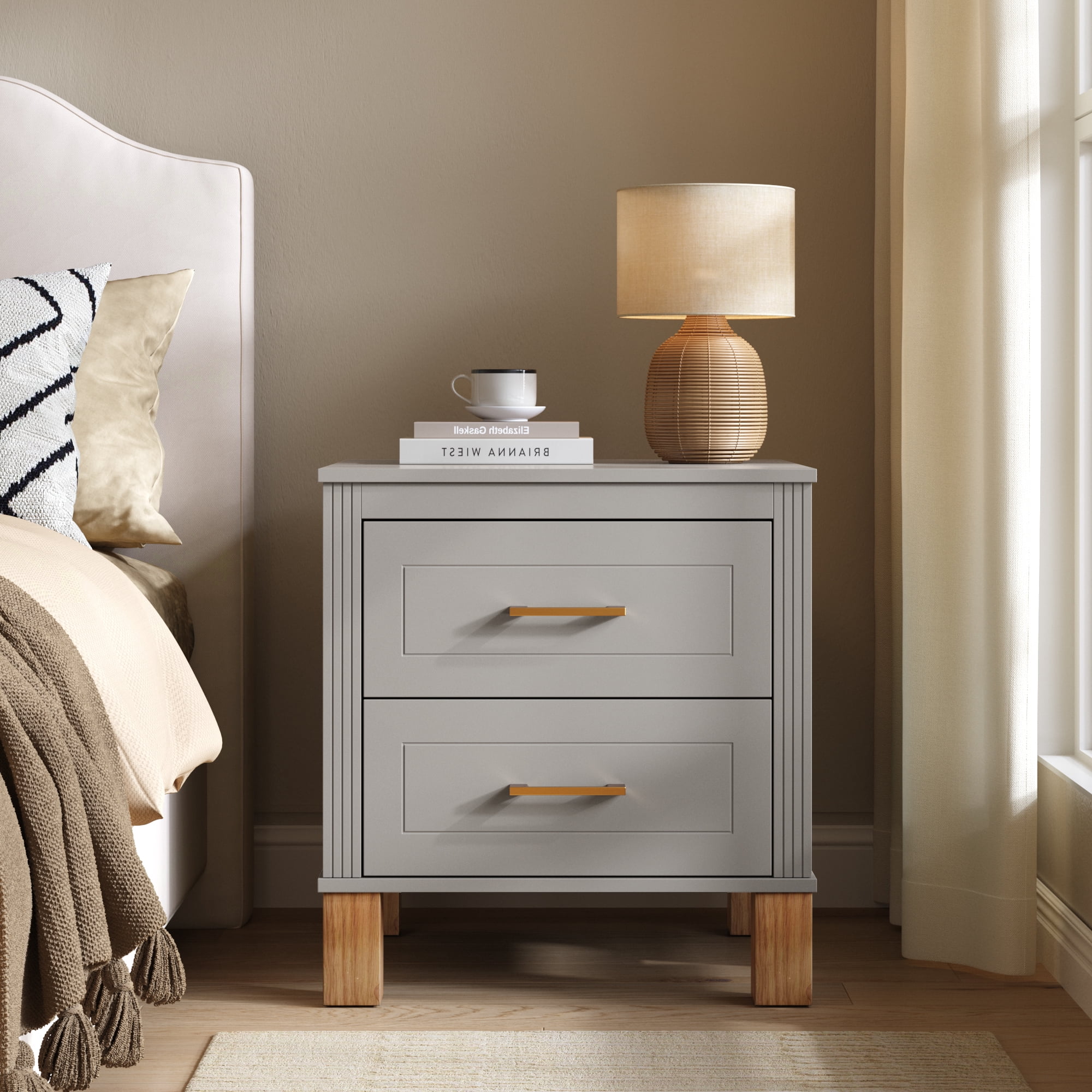 2 Drawer Nightstand, Fluted Design Bedside Table with Solid Wood Legs & Metal Handles, MDF Frame Storage Cabinet, Tall End Table for Bedroom Living Room