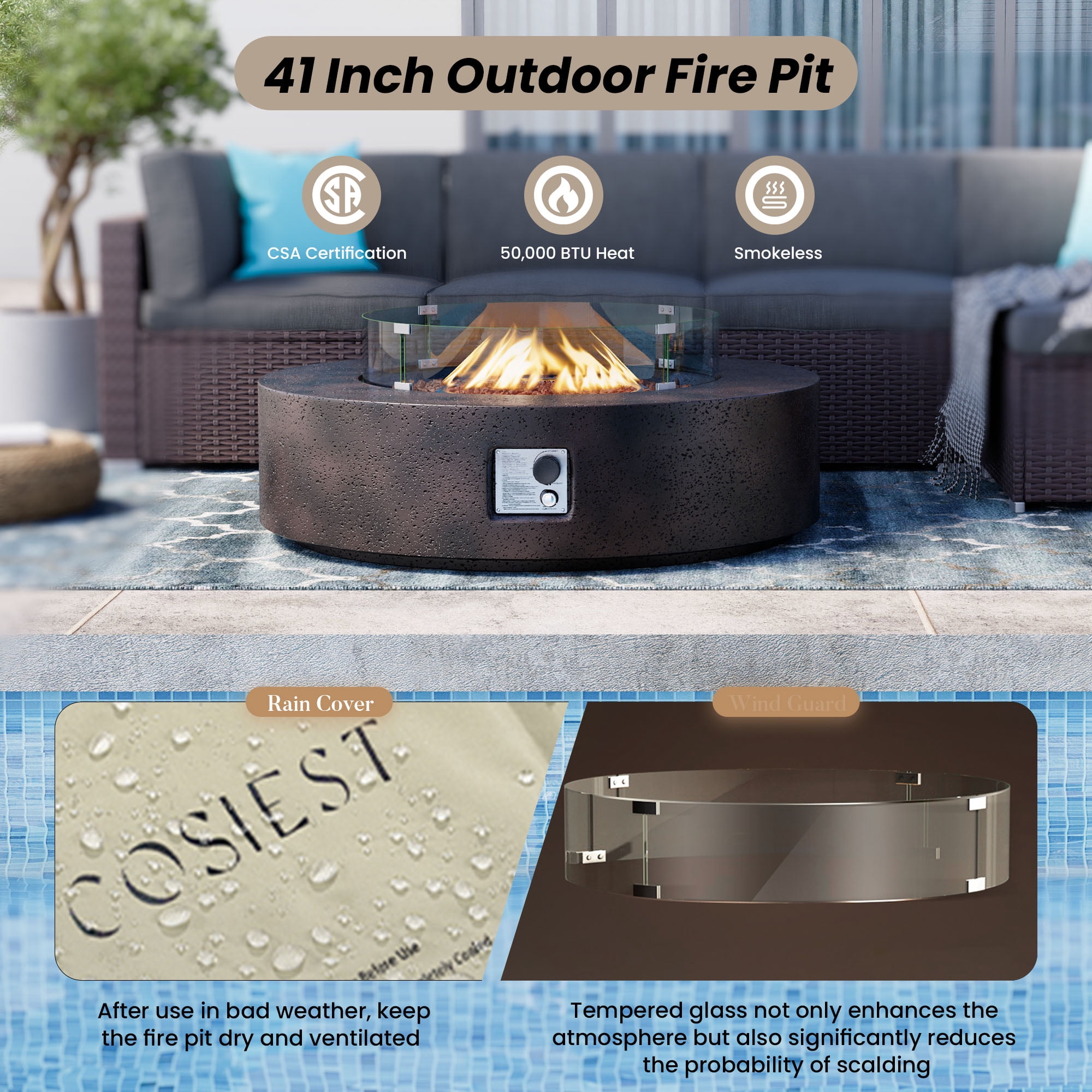 VENTOPYR 40.5-inch Outdoor Propane Fire Pit Coffee Table w Concrete Round Base Patio Heater, 50,000 BTU Stainless Steel Burner, Free Lava Rocks, Wind Guard, Rain Cover