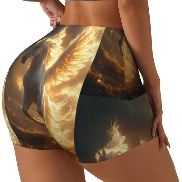 Balery Golden Winged White Horse Pantalones cortos de entrenamiento estampados para mujer, sin costuras, ajustados, para gimnasio, yoga, correr, deportes, ejercicio activo, fitness.-X-Large