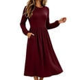 thumbnail image 6 of Women's Long Sleeve Casual Fall Dresses Crew-Neck Swing Party Dress with Pockets 2026 Wine S, 6 of 7