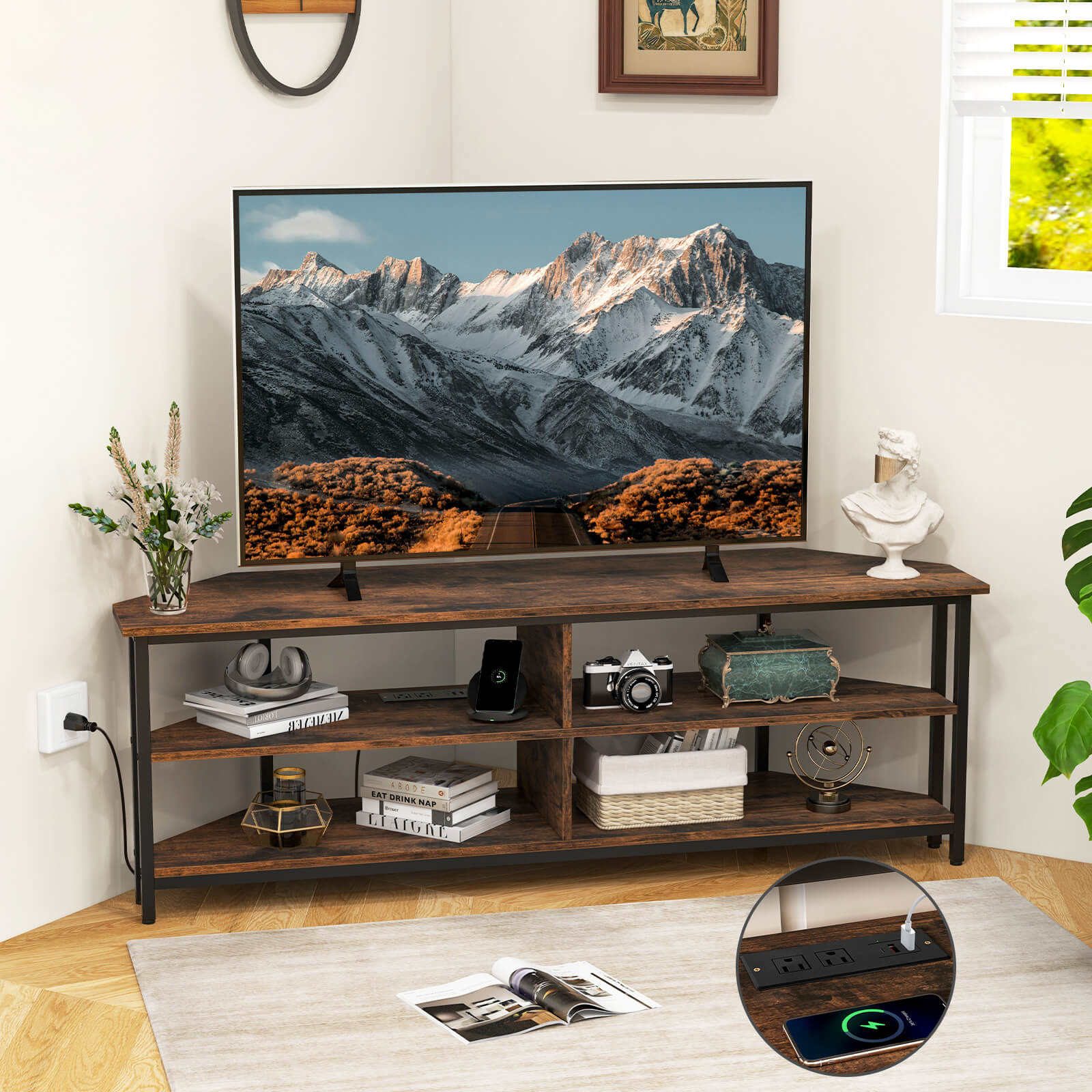 Meuble TV Industriel En Bois Avec 5 Tiroirs Et étagères - Support TV Jusqu'à 65" - Design Salon Ou Chambre