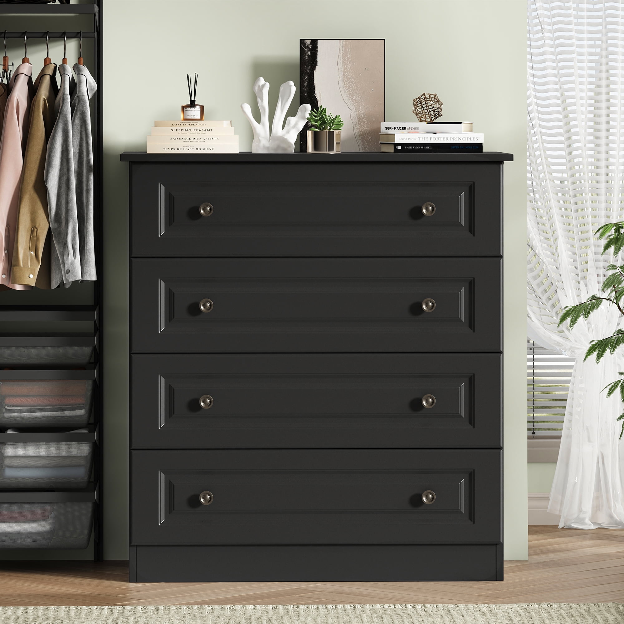 4 Drawer Black Dresser for Bedroom, 35 Inch Tall Storage Chest with Large Drawers, Modern Space Saving Furniture for Hallway, Entryway (White)