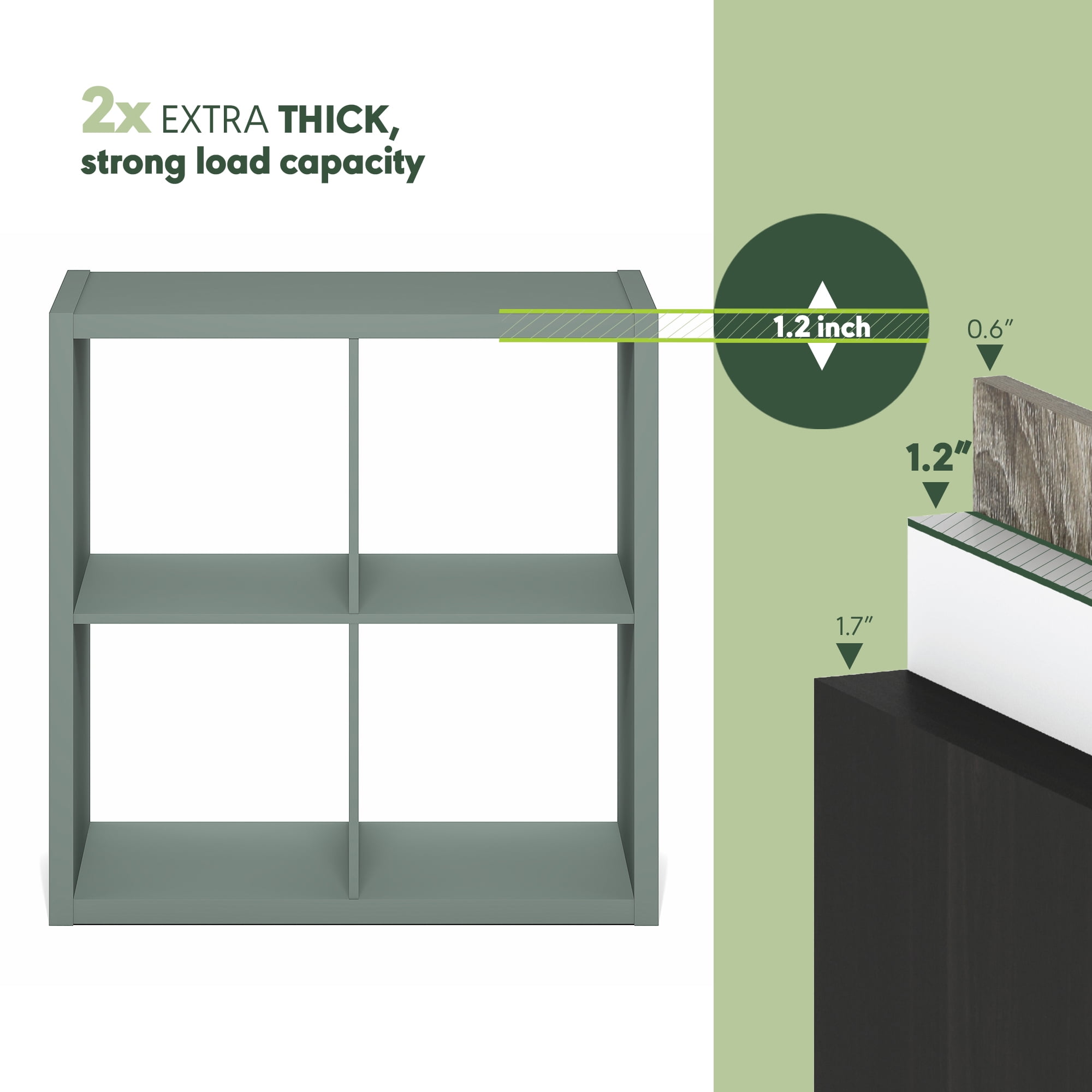 Furinno CUBICLE 4-Cube Thick Frame Reversible Open Back Bookcase Sage Green