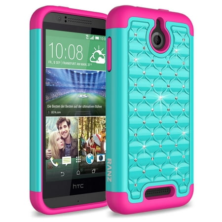 HTC Desire 510 Case, RANZ Hot Pink/Teal Spot Diamond Studded Bling Crystal Rhinestone Dual Layer Hybrid Cover Silicone Rubber Skin Hard Case For HTC Desire
