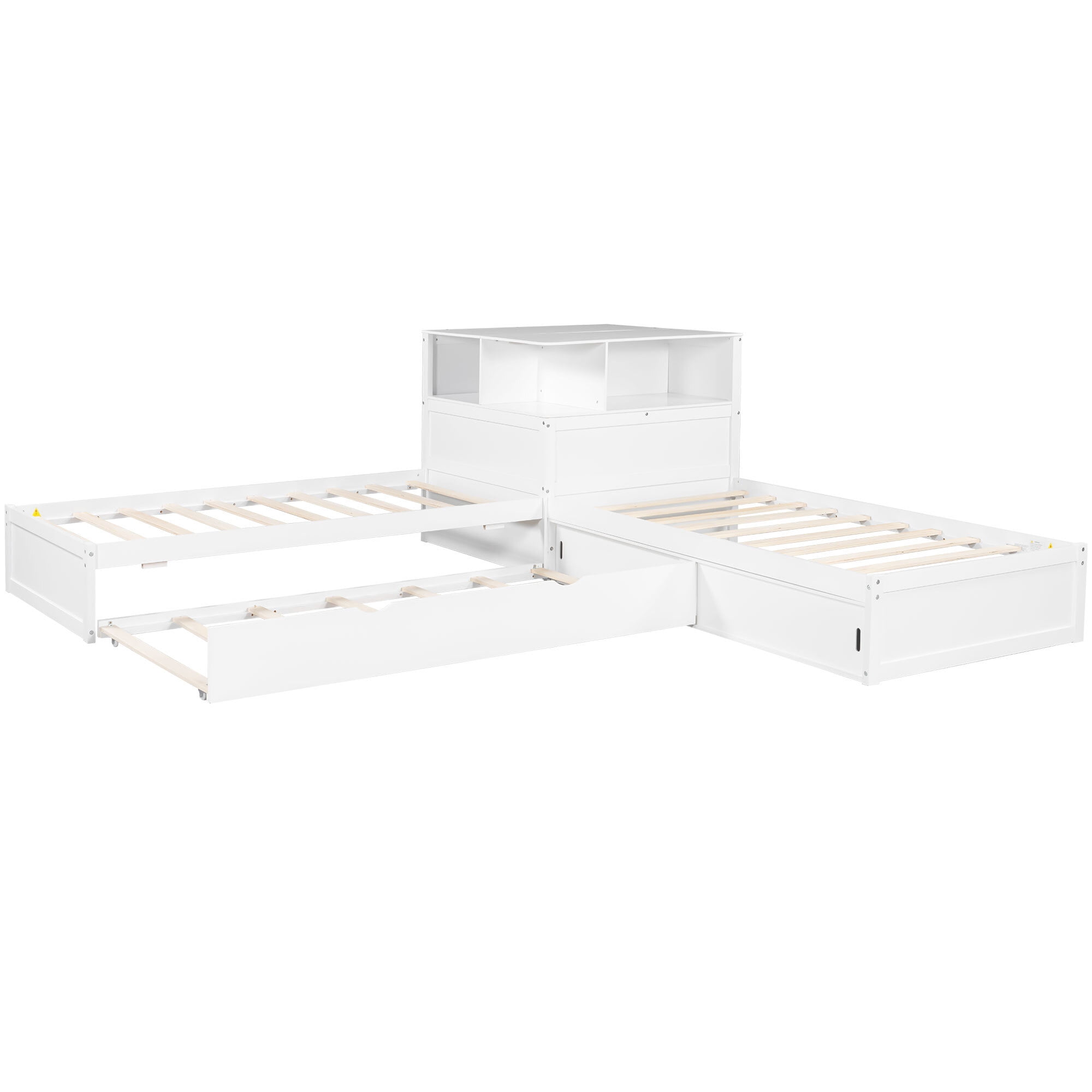 Euroco Pine Wood L-Shaped Twin Platform Bed with Storage Desk, Cabinets, Trundle and LED Light for Kids Teens, White