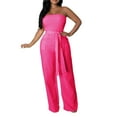 thumbnail image 2 of ZAZYULZ Dressy Jumpsuits for Women Women's Casual Off Shoulder Smocked Solid Color Strapless Belted Wide Leg Jumpsuit Romper With Pockets(Red,S), 2 of 6