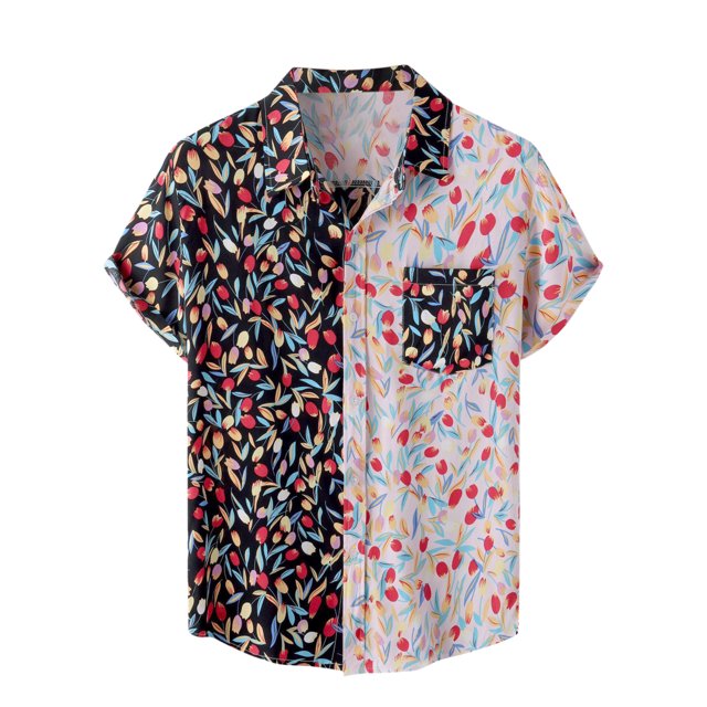 Lars Amadeus Camide patchwork pahombre con botones de mancorta, camisas hawaianas informales de verano Negro roM