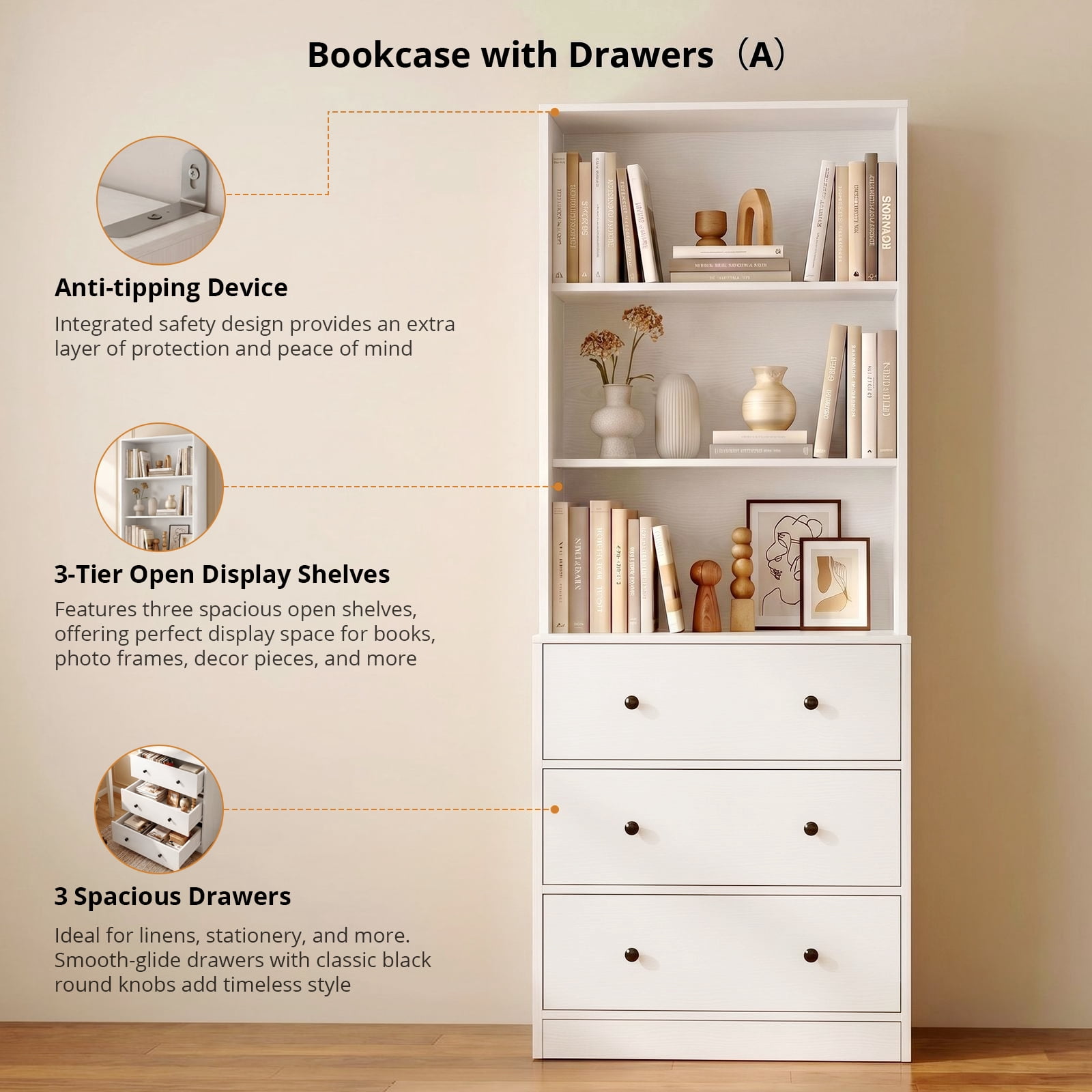 RichYa 71'' Tall Bookcase with 3 Drawers, 3-Tier Open Display Bookshelves, Freestanding Storage Cabinet for Home Office,Living Room,White