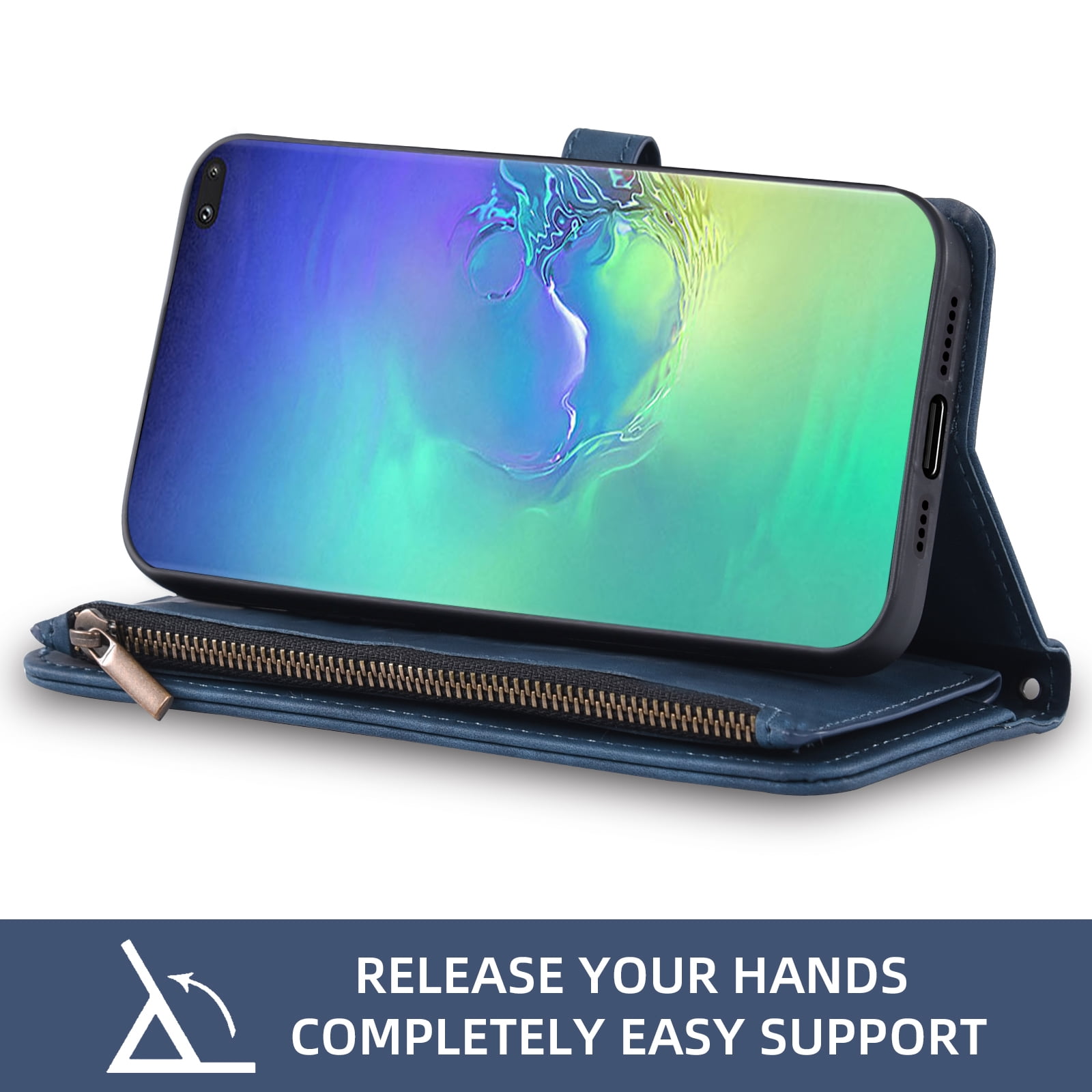 Asuwish Phone Case for Samsung Galaxy S10 Plus Wallet Cover With Tempered Glass Screen Protector Crossbody Wrist Strap Flip Pattern Zipper Card Holder Cell S10+ S10plus 10S Edge S 10 10plus Men Blue