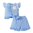 thumbnail image 3 of OYXSER Summer Toddler Girl Clothes 3T 4T Cute Ruffle Flutter Sleeves Short Sleeves T-Shirt Tee Tops + Shorts 2pcs Shorts Outfits Set, Blue 2-3T, 3 of 9