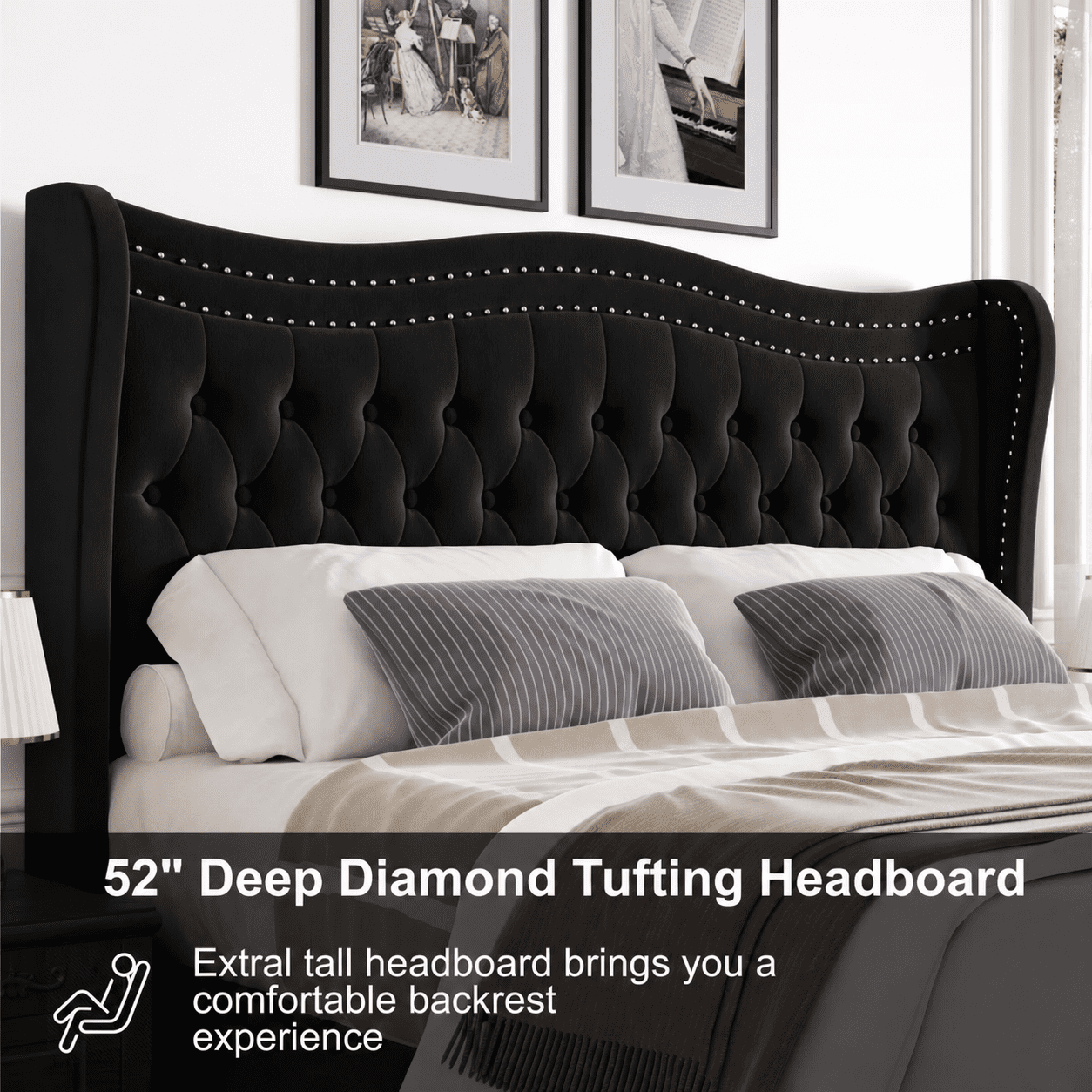 Gewnee King Bed Frame with 52'' Tall Headboard Velvet Upholstered Bed Frame,Double Nail & Wingback Design Platform Bed Frame.Black