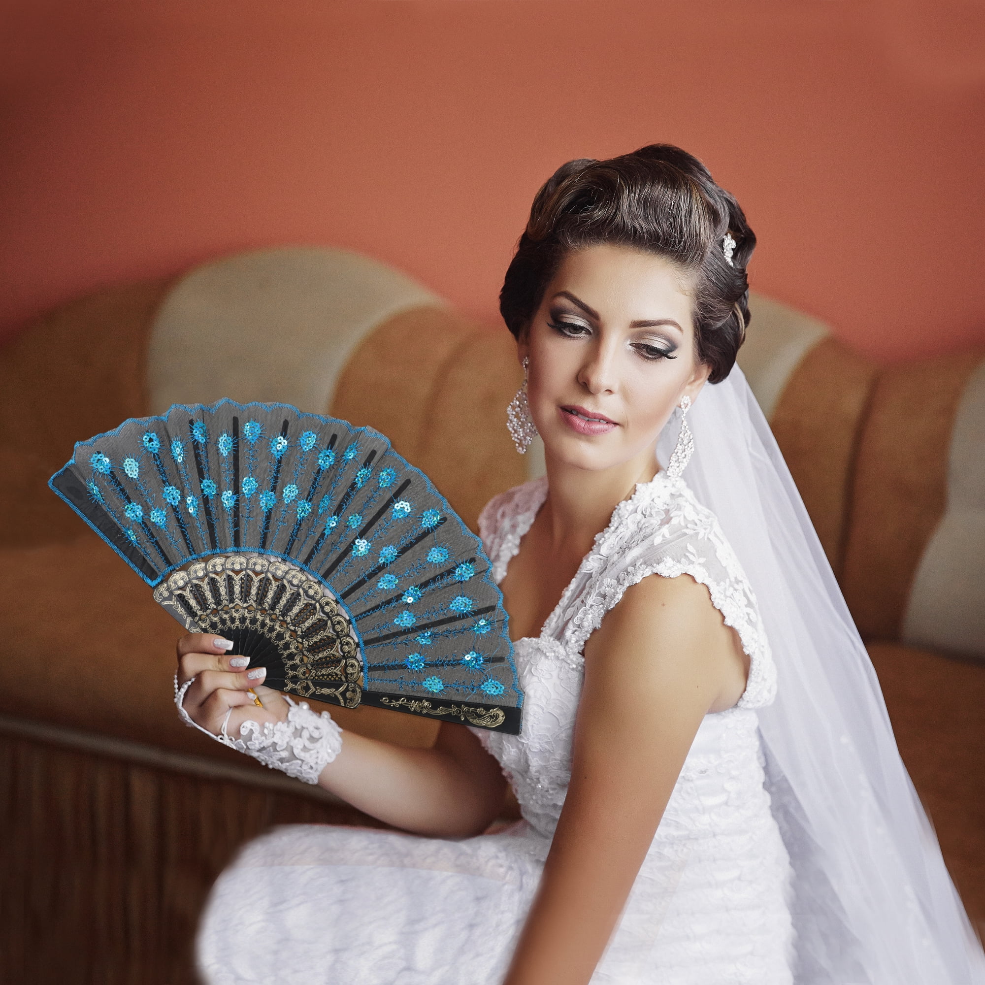 Unique Bargains Beautiful Sequins Folding Fan 1 Pc Brigth Blue