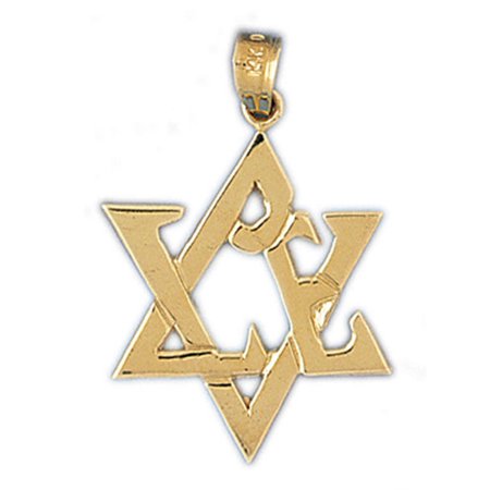 Love Star Of David Pendant - 14K Yellow Gold Love and Heart Star of David Pendant - 30 mm