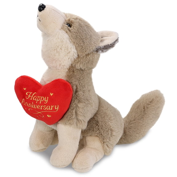 DolliBu Howling Wolf Stuffed Animal with Happy Anniversary Red Heart Plush - Soft and Cuddly Wildlife Animal Wolf Plush Toy Gift for Couples or Friends - 10.5 Inches