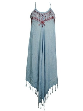 Mogul Womens Blue Dress Tassel Hem Uneven Strappy Sequin Work Rayon Summer Style Hippie Chic Sundress