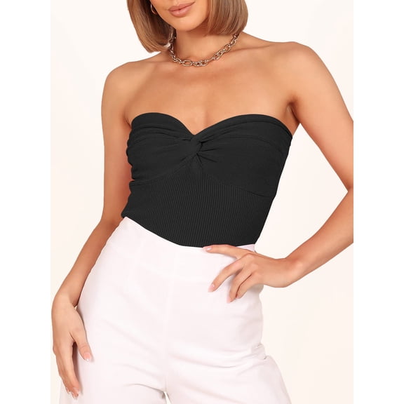 ANRABESS Tube Top for Women Summer Strapless Bandeau Knit Twist Knot Corset Crop Basic Tank Tops 2026 Vacation Beach Clothes Black Medium