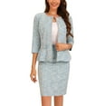 thumbnail image 1 of Conjunto de traje de tweed de 2 piezas para mujer INSPIRE CHIC, chaqueta de botones de manga 3/4 y falda lápiz, azul claro XS, 1 of 6