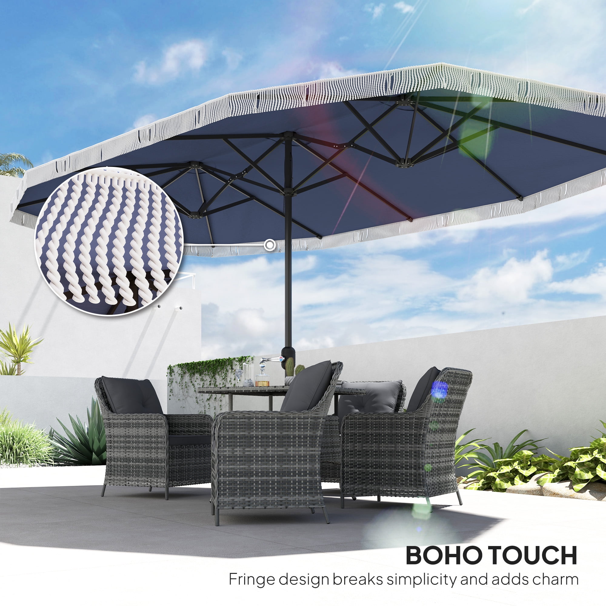 Outsunny 15ft Extra Large Patio Umbrella, UPF30+ Double-sided Rectangle Umbrella with Easy Crank Handle, 2 Vents for Garden Pool Lawn, Dark Blue
