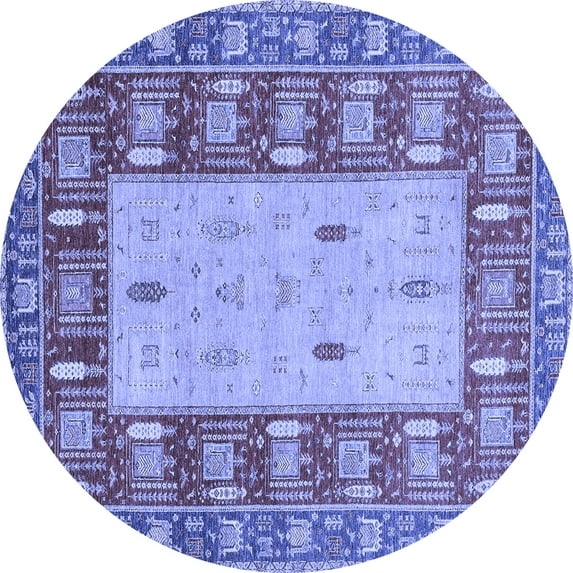 Ahgly Company Machine Washable Indoor Round Abstract Blue Modern Area Rugs, 4' Round